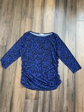 Peter Nygard Sz L Women’s Top 3/4 sleeves Ruche Sides Blue & Black Knit
